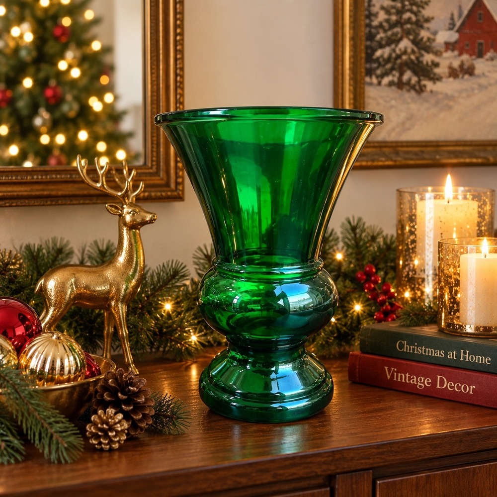 Vintage Napco Forest Green Glass Vase 10" Flared Pedestal Urn MCM Cleveland USA